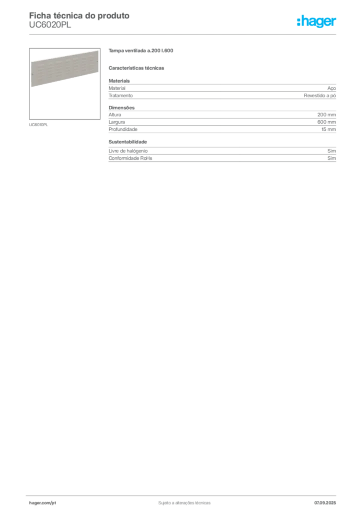 Imagem Hager Ficha técnica do produto UC6020PL | Hager Portugal