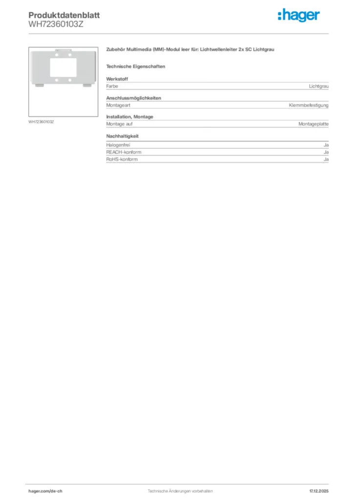 Bild Hager Produktdatenblatt WH72360103Z | Hager Schweiz