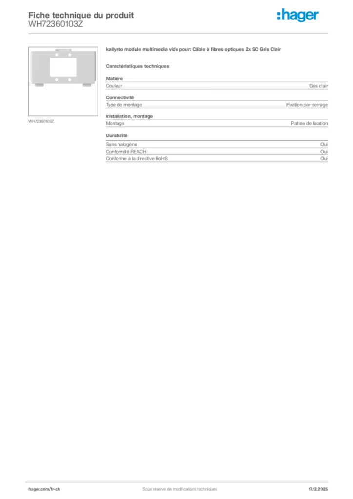Image Hager Fiche technique du produit WH72360103Z | Hager Suisse