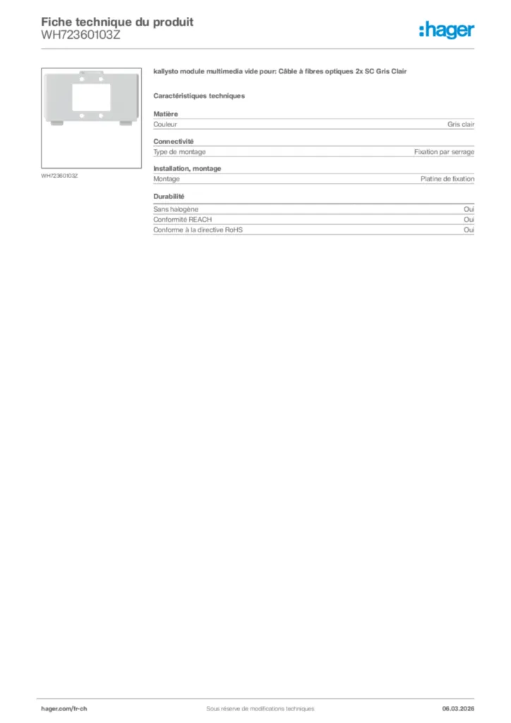 Image Hager Fiche technique du produit WH72360103Z | Hager Suisse