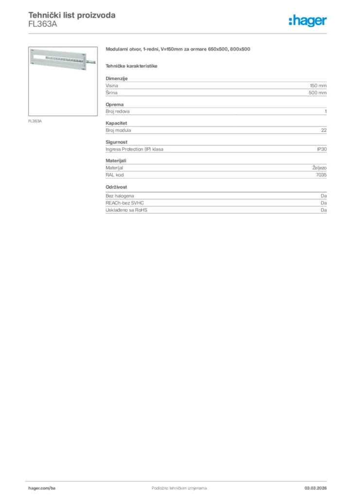 Slika Hager Tehnički list proizvoda FL363A  | Hager