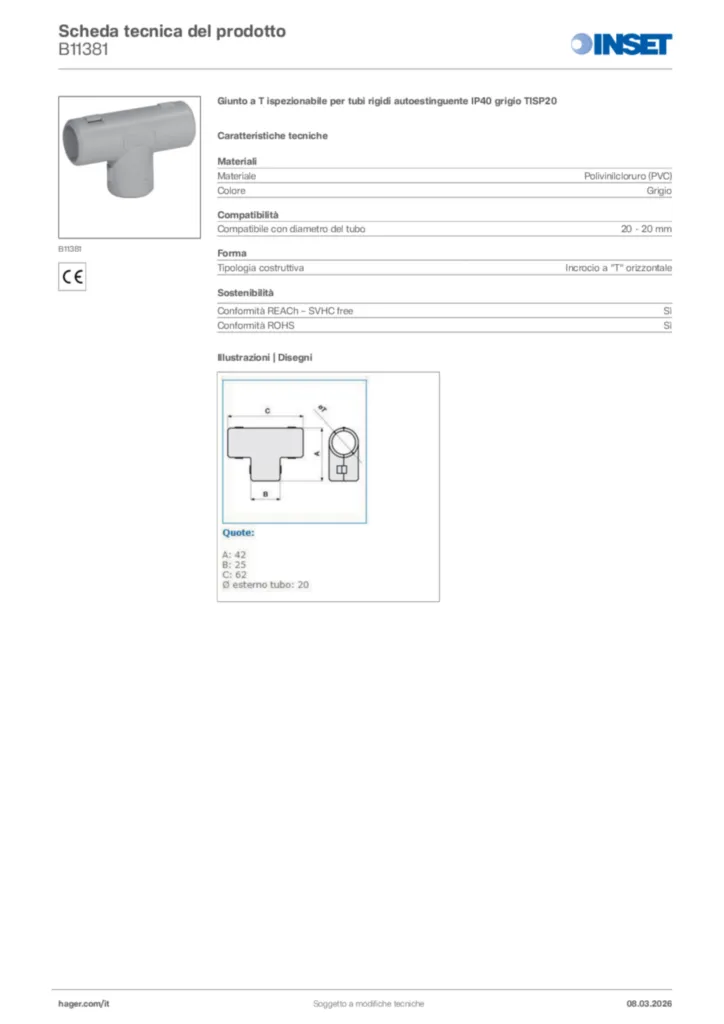 Immagine Inset Scheda tecnica del prodotto B11381 | Hager Italia