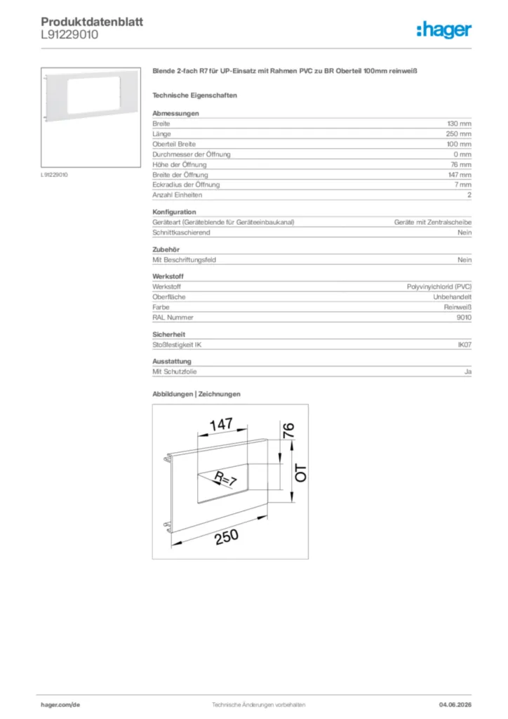 Bild Hager Produktdatenblatt L91229010 | Hager Deutschland
