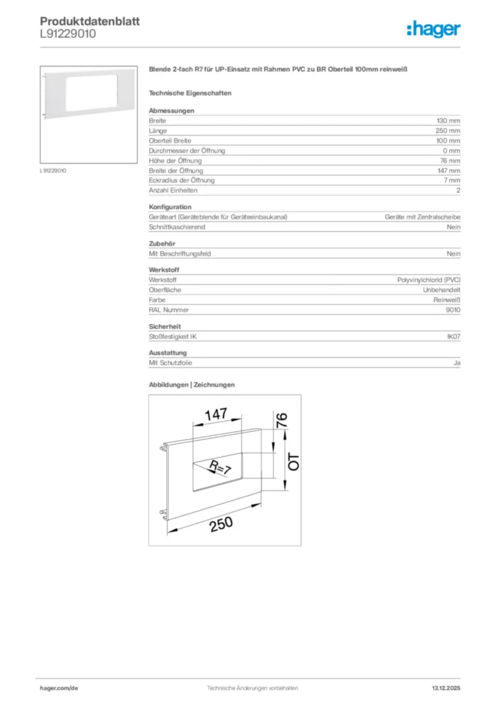 Bild Hager Produktdatenblatt L91229010 | Hager Deutschland