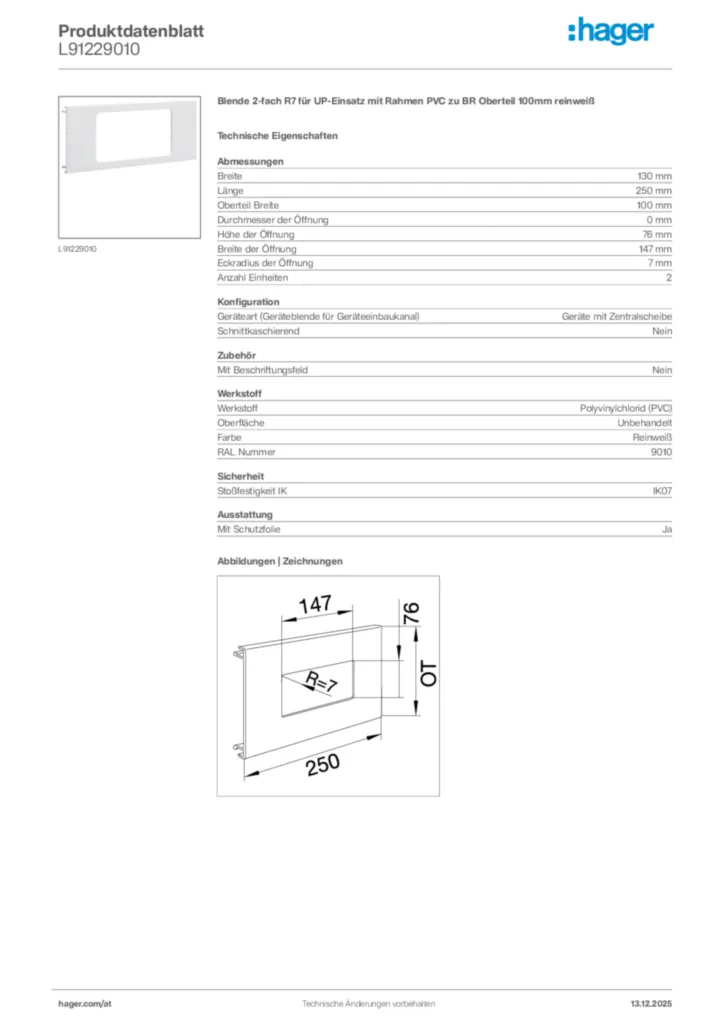 Bild Hager Produktdatenblatt L91229010 | Hager Deutschland