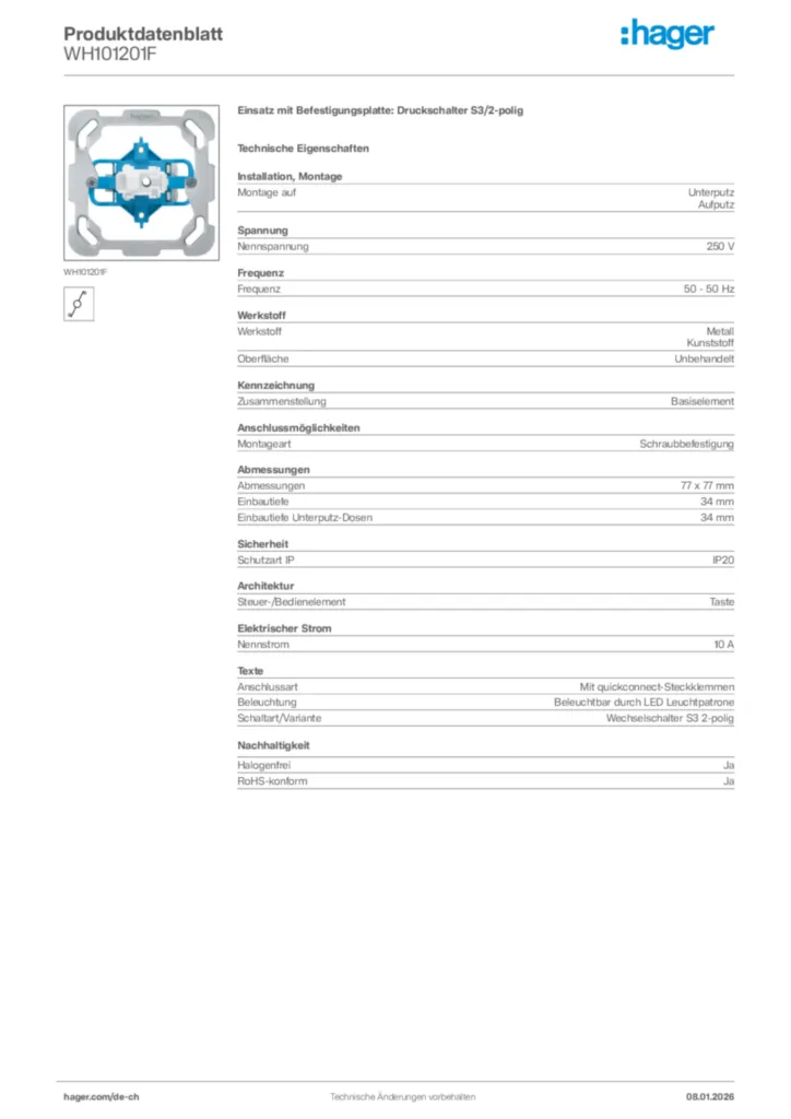 Bild Hager Produktdatenblatt WH101201F | Hager Schweiz