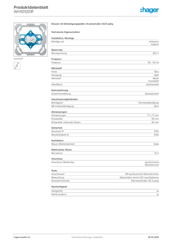 Bild Hager Produktdatenblatt WH101201F | Hager Schweiz