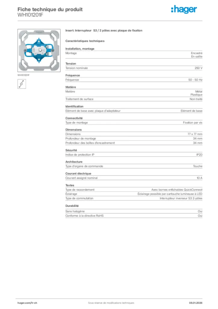 Image Hager Fiche technique du produit WH101201F | Hager Suisse