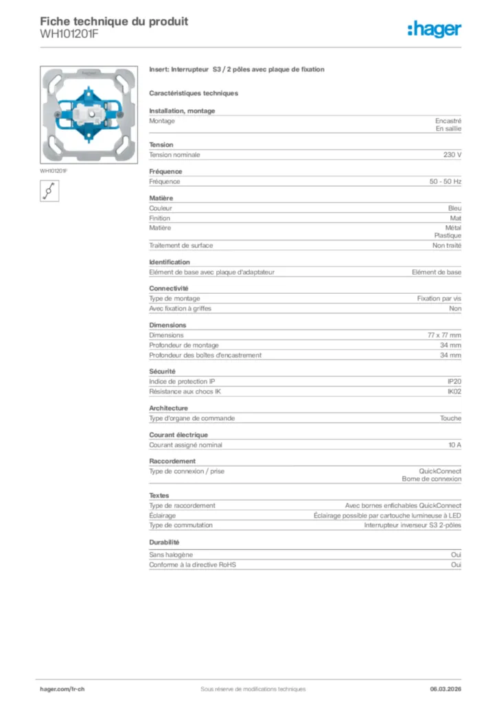 Image Hager Fiche technique du produit WH101201F | Hager Suisse