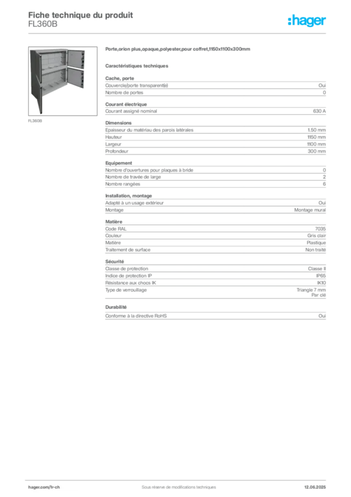 Image Hager Fiche technique du produit FL360B | Hager Suisse