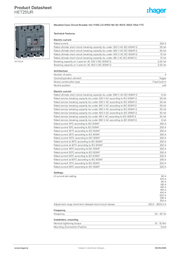 Image Hager Product data sheet HET251JR  | Hager