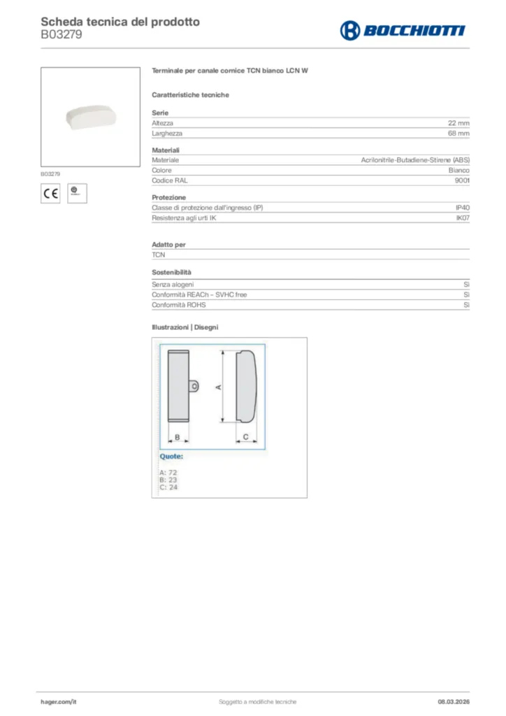 Immagine Bocchiotti Scheda tecnica del prodotto B03279 | Hager Italia