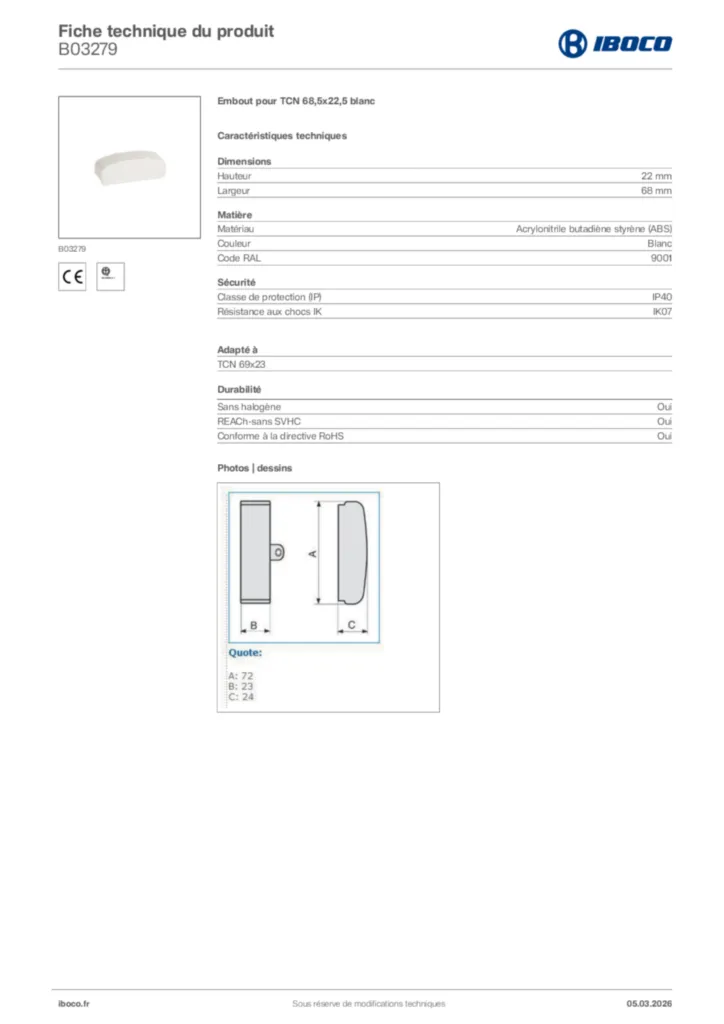 Image Iboco Fiche technique du produit B03279 | Hager France