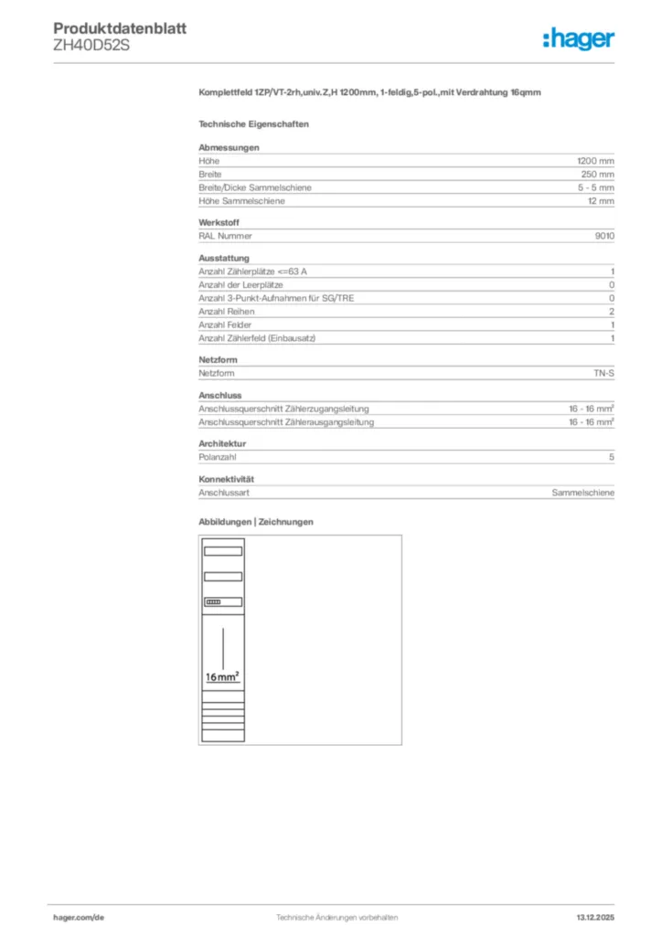 Bild Hager Produktdatenblatt ZH40D52S | Hager Deutschland