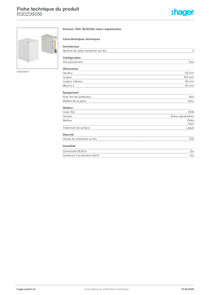 Image Hager Fiche technique du produit R30239016 | Hager Suisse