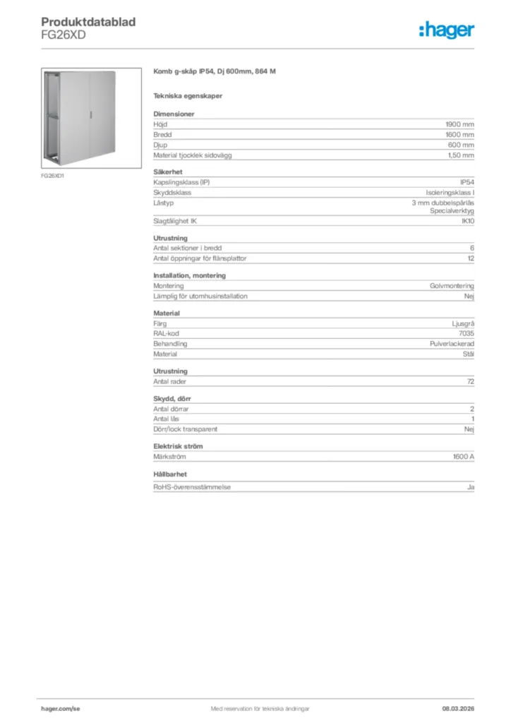 Bild Hager Produktdatablad FG26XD | Hager Sverige