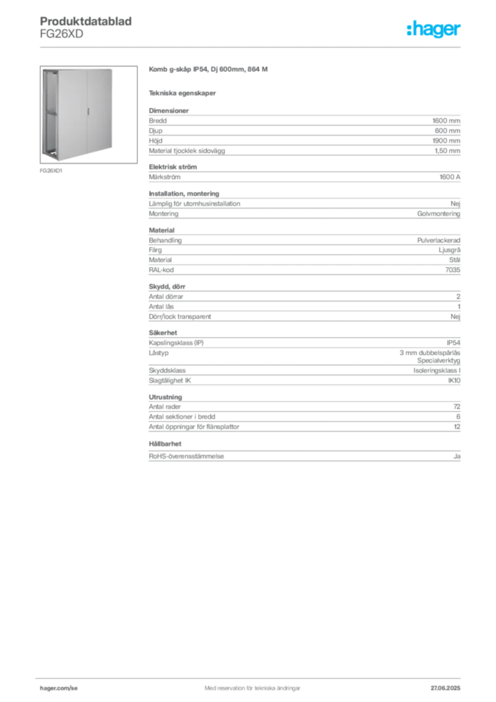 Bild Hager Produktdatablad FG26XD | Hager Sverige