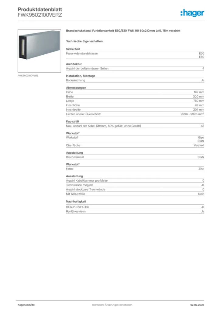 Hager Produktdatenblatt FWK9502100VERZ