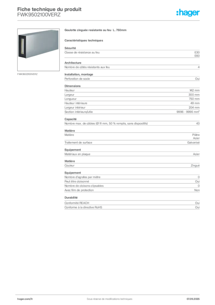 Image Hager Fiche technique du produit FWK9502100VERZ | Hager France