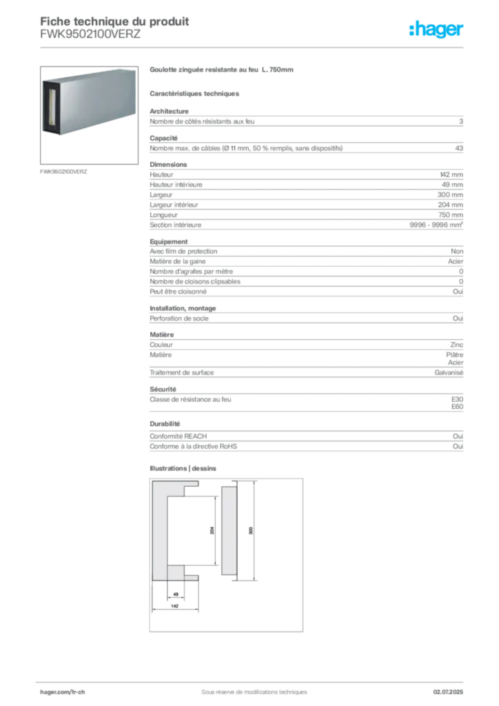 Image Hager Fiche technique du produit FWK9502100VERZ | Hager Suisse