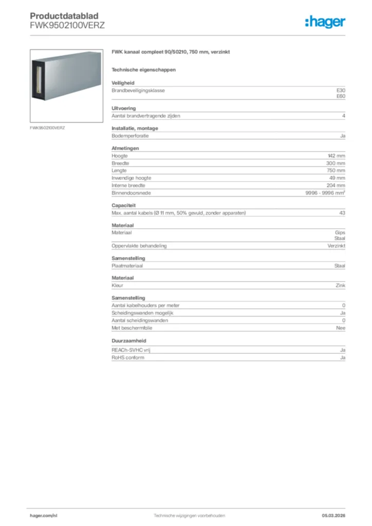 Afbeelding Hager Productdatablad FWK9502100VERZ | Hager Nederland