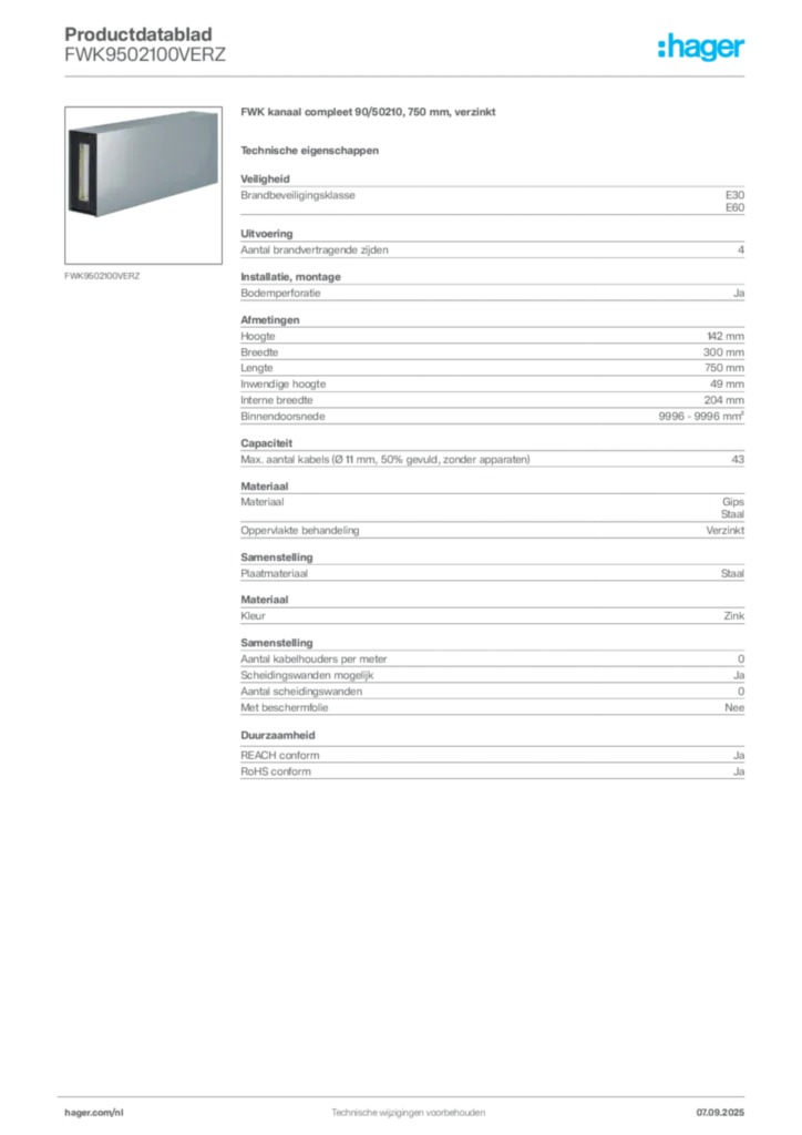 Afbeelding Hager Productdatablad FWK9502100VERZ | Hager Nederland