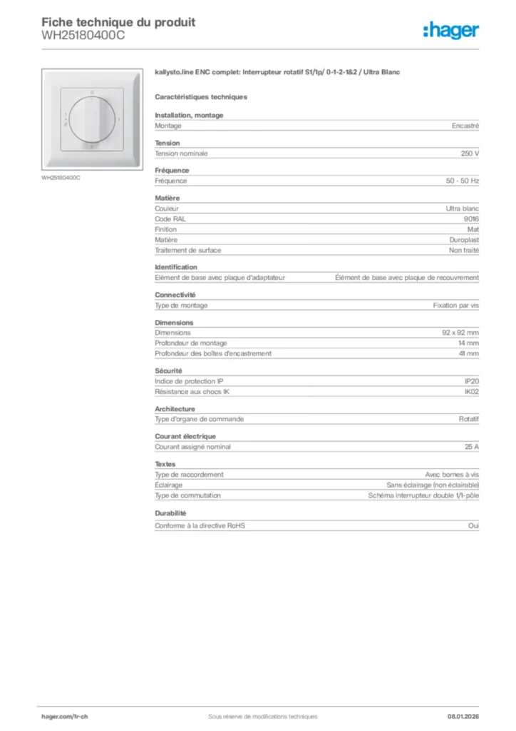 Image Hager Fiche technique du produit WH25180400C | Hager Suisse