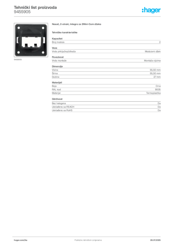 Slika Hager Product data sheet 9455905  | Hager