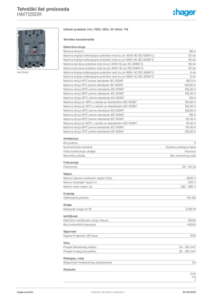 Slika Hager Tehnički list proizvoda HMT125DR  | Hager