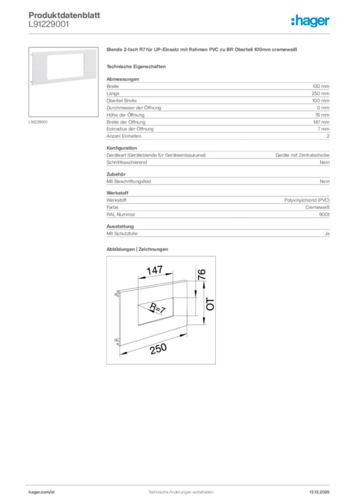 Bild Hager Produktdatenblatt L91229001 | Hager Deutschland
