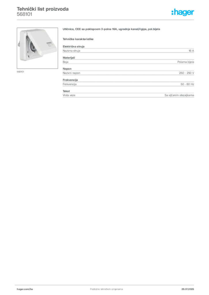 Slika Hager Product data sheet 568101  | Hager