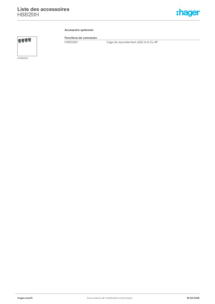 Image Hager Fiche technique du produit HBB251H | Hager France