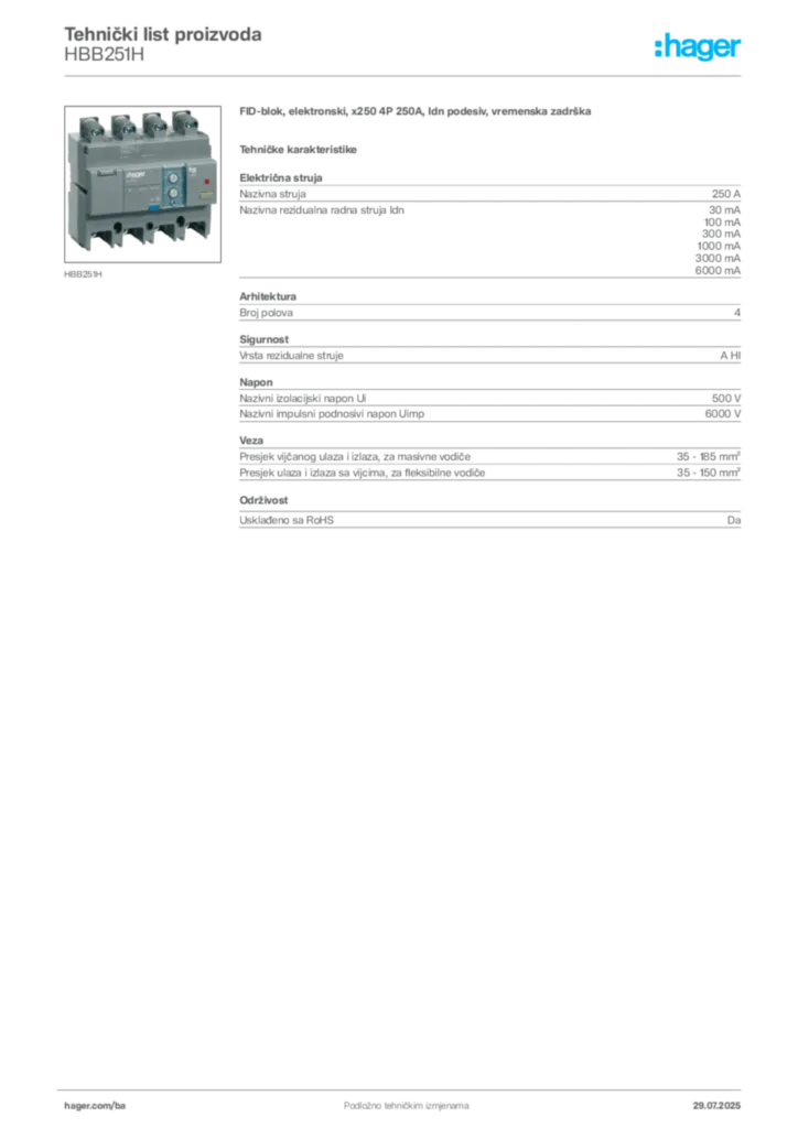 Slika Hager Product data sheet HBB251H  | Hager