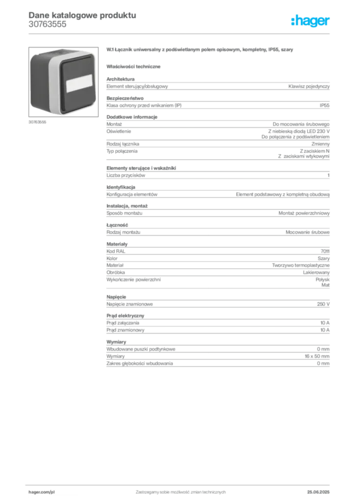 Zdjęcie Hager Karta katalogowa 30763555 | Hager Polska