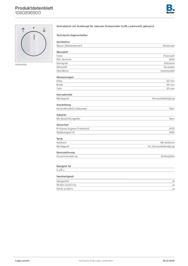 Bild Berker Produktdatenblatt 1080898900 | Hager Deutschland