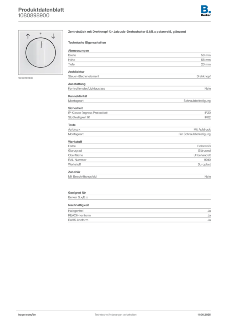 Bild Berker Produktdatenblatt 1080898900 | Hager Deutschland