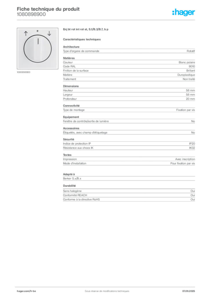 Image Hager Fiche technique du produit 1080898900 | Hager Belgique