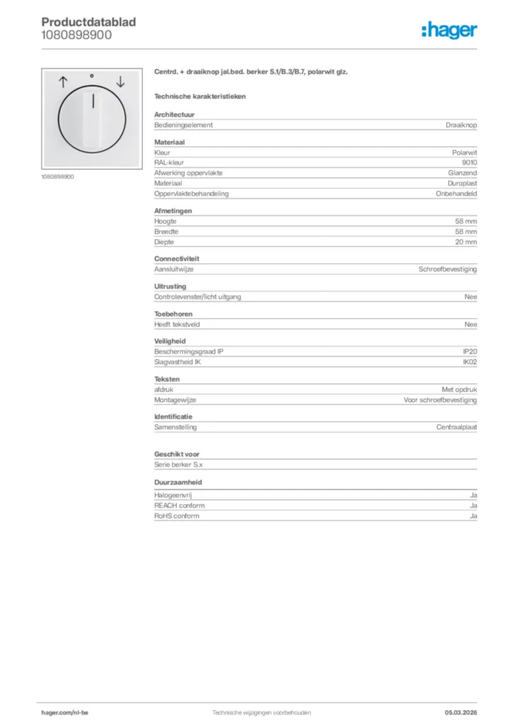 Afbeelding Hager Productdatablad 1080898900 | Hager Belgium