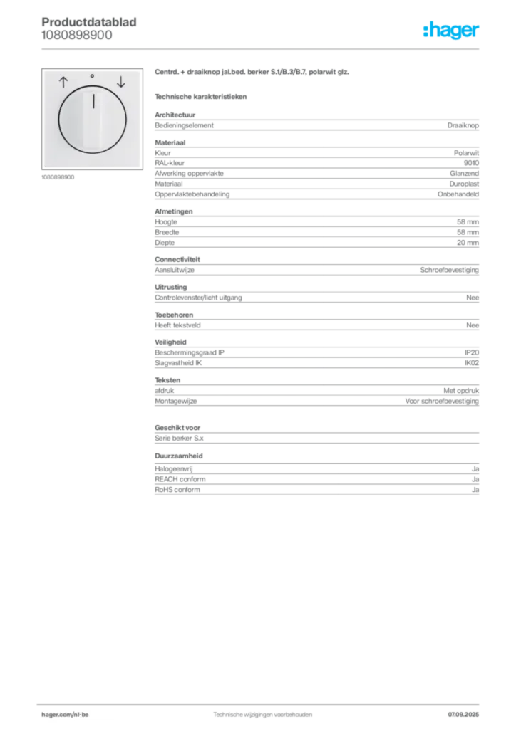 Afbeelding Hager Productdatablad 1080898900 | Hager Belgium