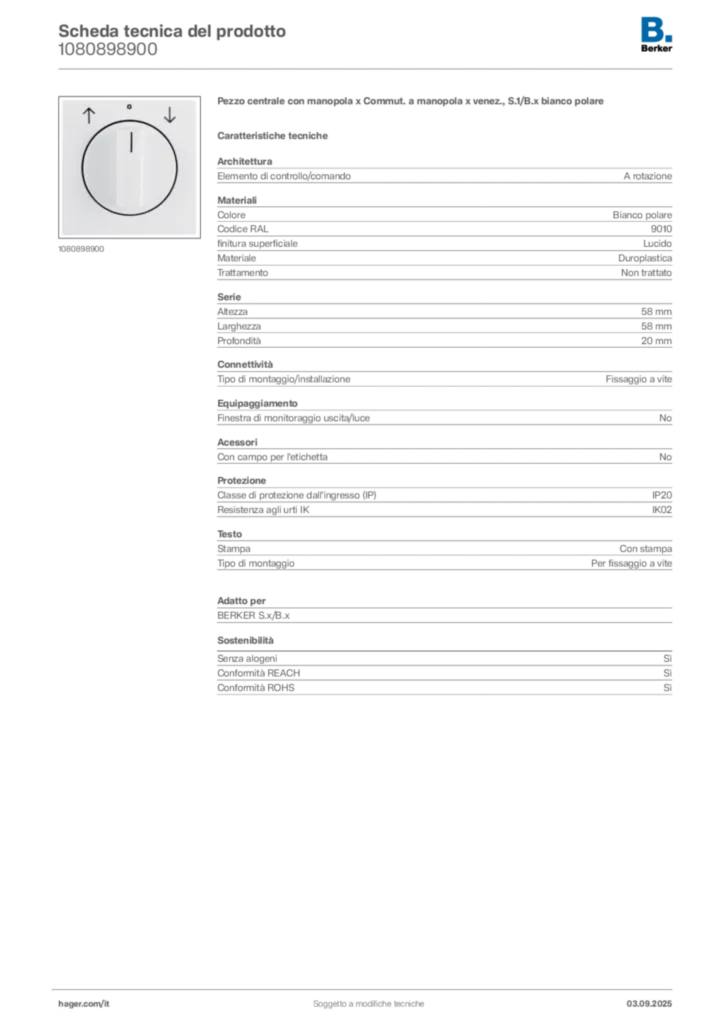 Immagine Berker Scheda tecnica del prodotto 1080898900 | Hager Italia