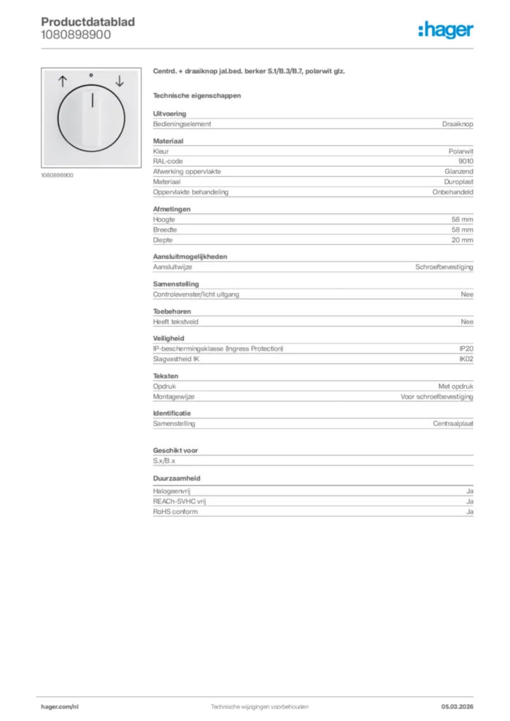 Afbeelding Hager Productdatablad 1080898900 | Hager Nederland