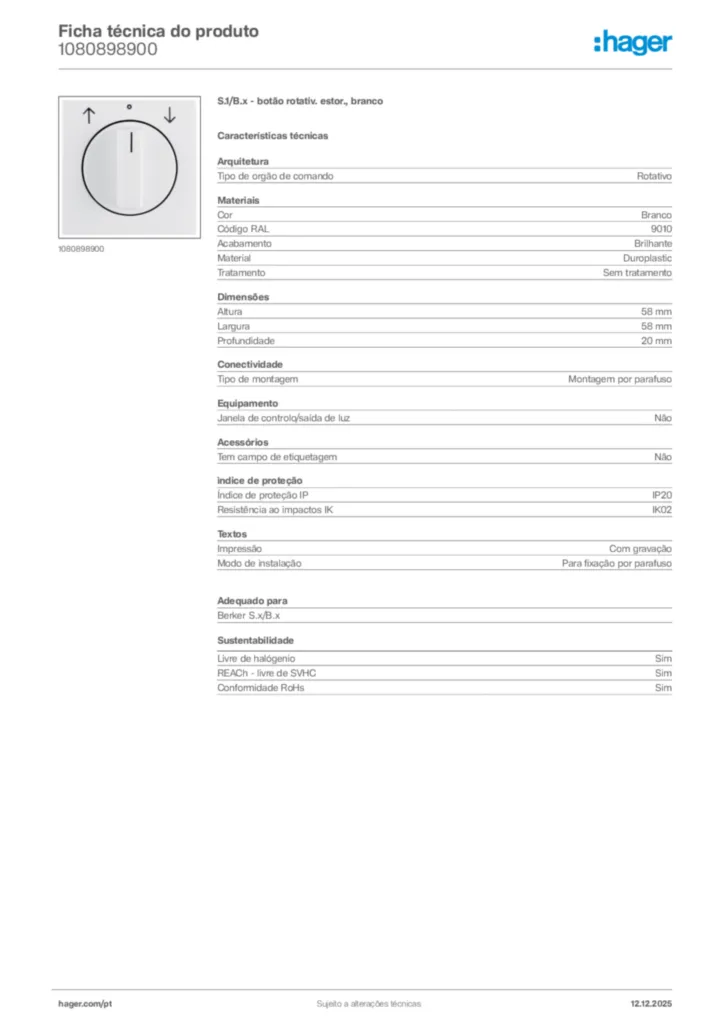 Imagem Hager Ficha técnica do produto 1080898900 | Hager Portugal