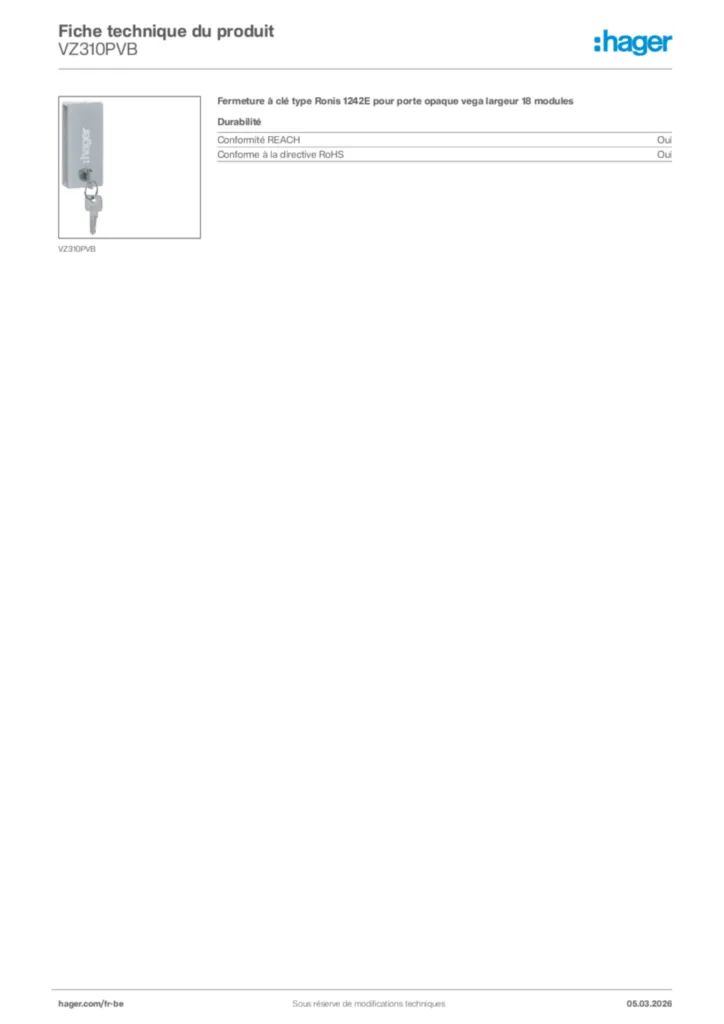 Image Hager Fiche technique du produit VZ310PVB | Hager Belgique