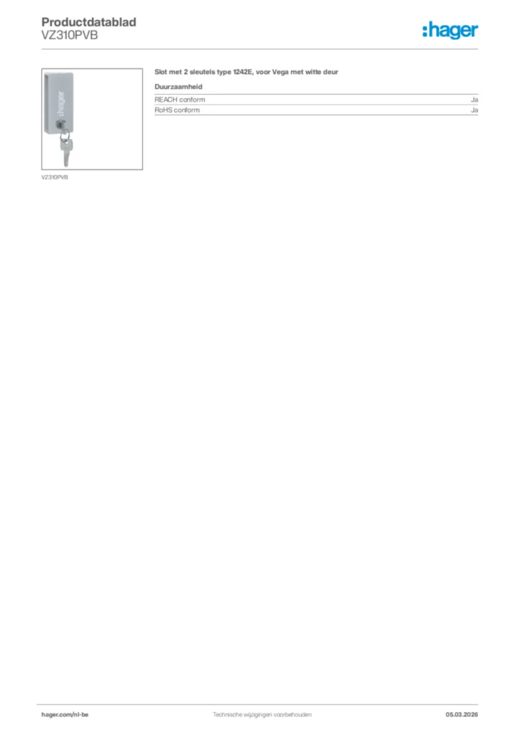 Afbeelding Hager Productdatablad VZ310PVB | Hager Belgium