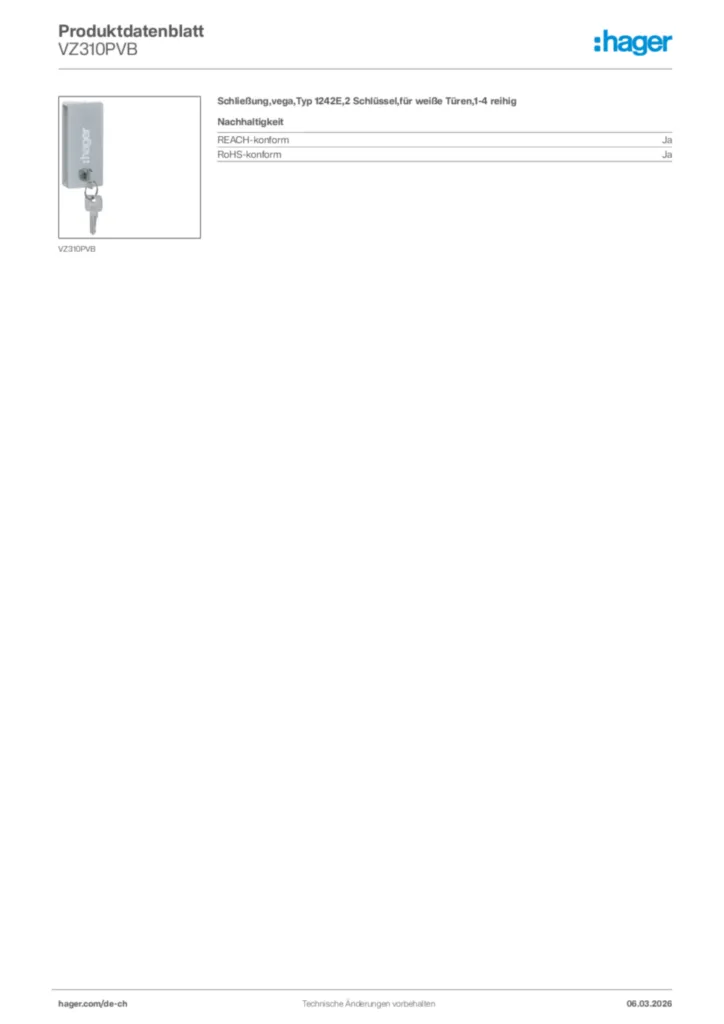 Bild Hager Produktdatenblatt VZ310PVB | Hager Schweiz