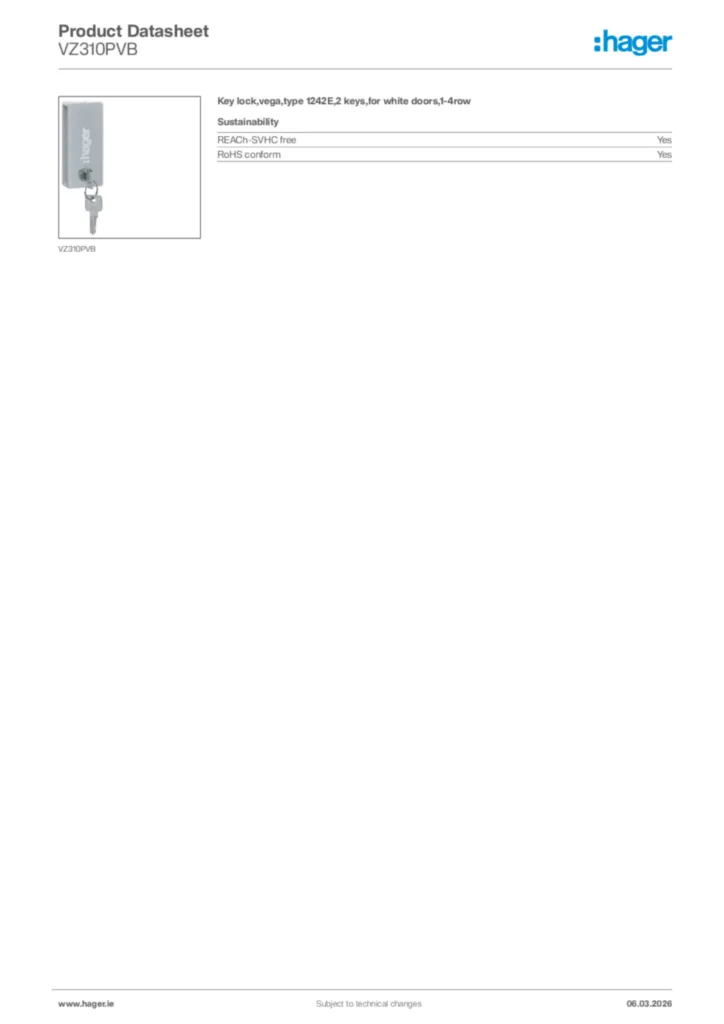Image Hager Product data sheet VZ310PVB  | Hager