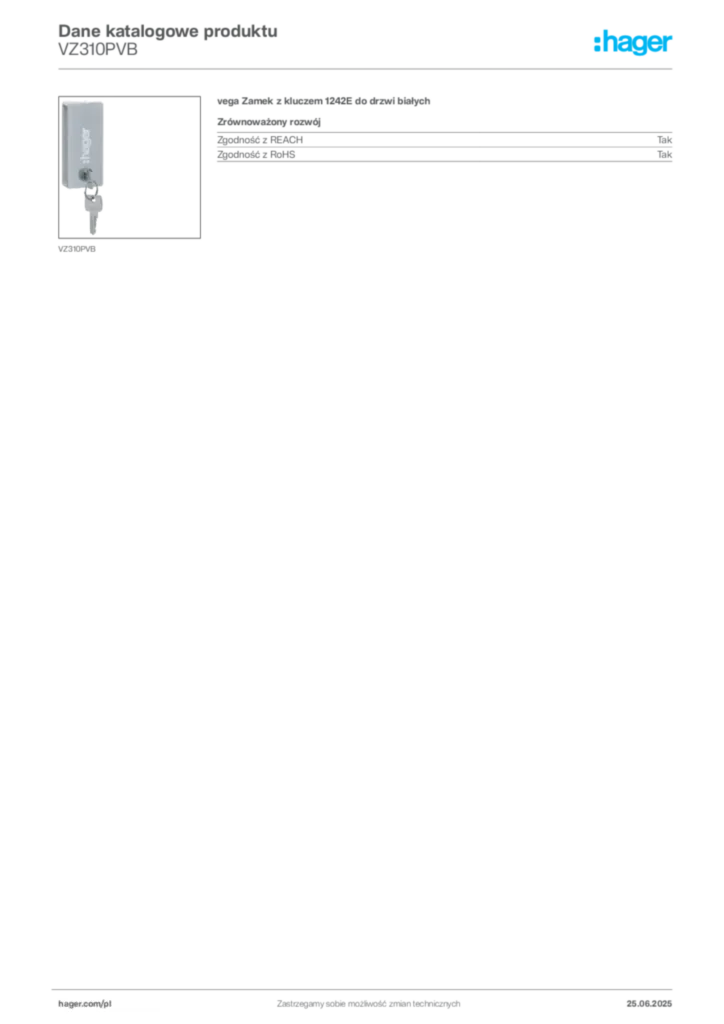 Zdjęcie Hager Karta katalogowa VZ310PVB | Hager Polska