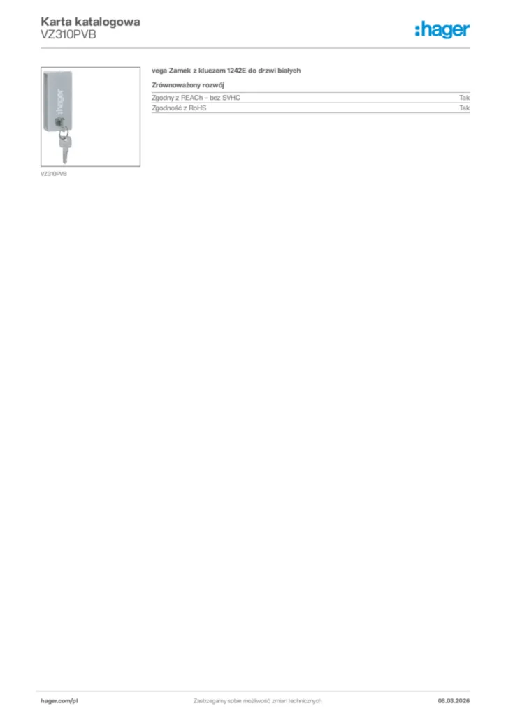Zdjęcie Hager Karta katalogowa VZ310PVB | Hager Polska