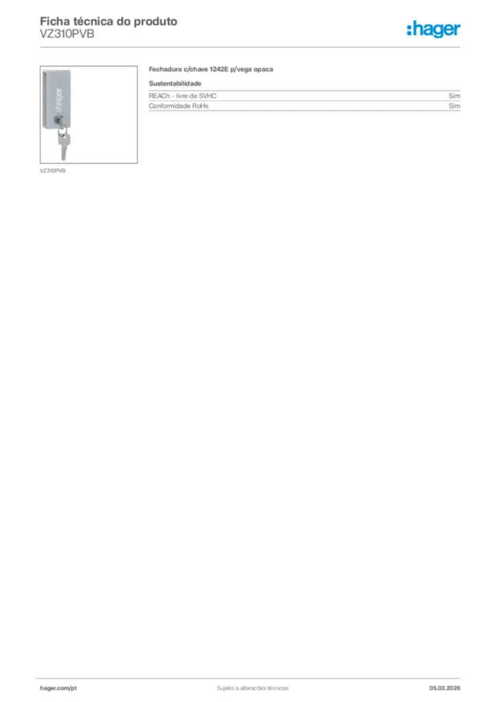 Imagem Hager Ficha técnica do produto VZ310PVB | Hager Portugal