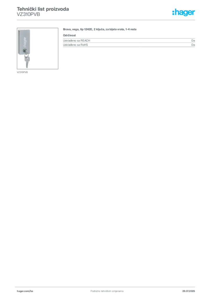 Slika Hager Product data sheet VZ310PVB  | Hager